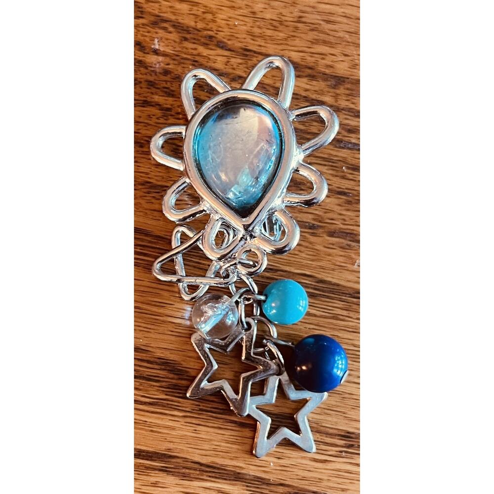 CAROL DAUPLAISE Earrings Blues star beads Dangle clip on SIGNED VTG Silver Tone